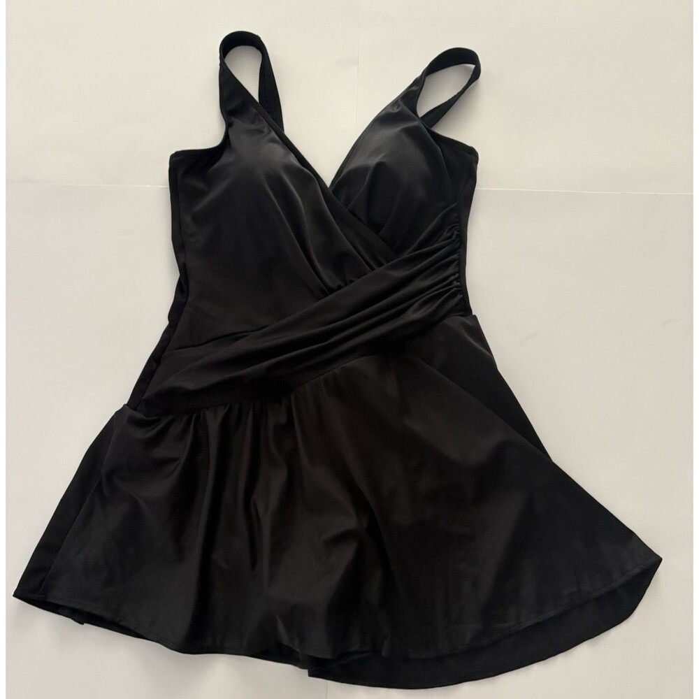Miraclesuit Aurora Swim Dress Swimsuit Size 14 Black Ruching Slimming
